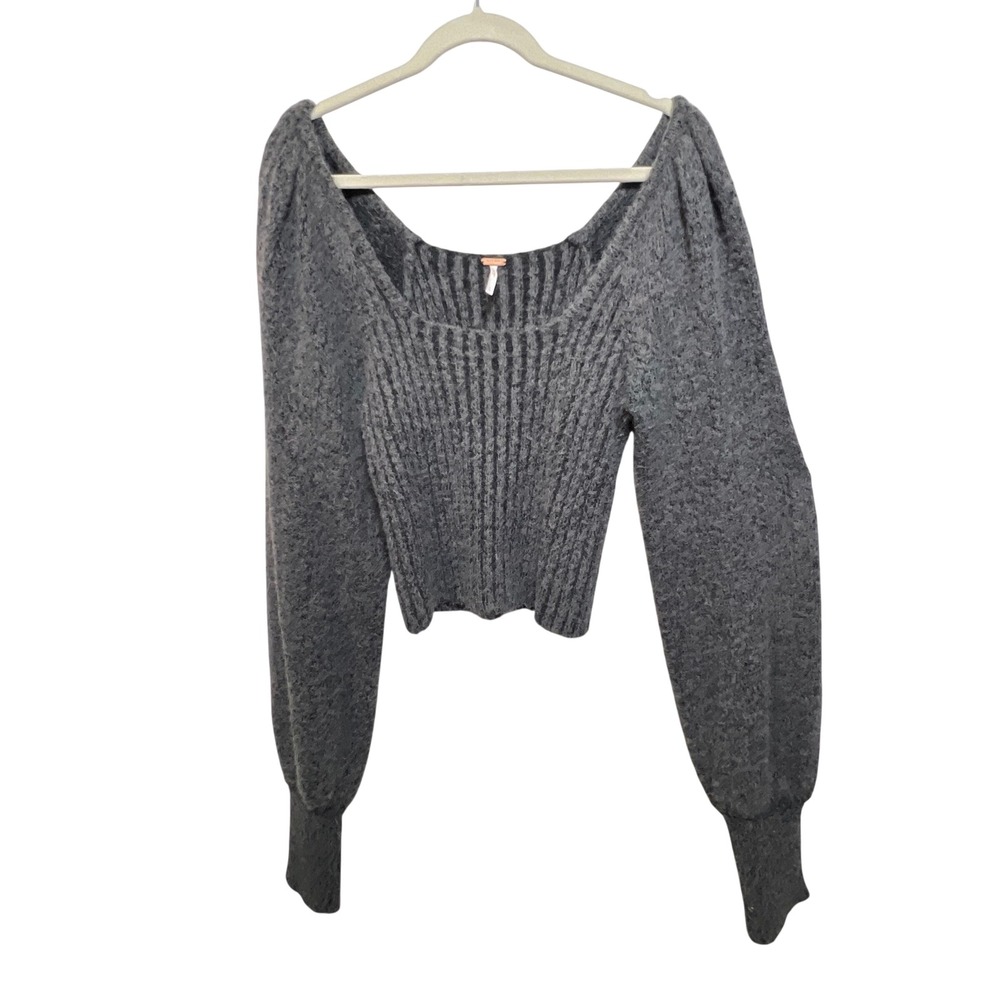 Free People Charcoal Grey Ribbed Square‎ Neck Puff Sleeve Cropped Sweater Large